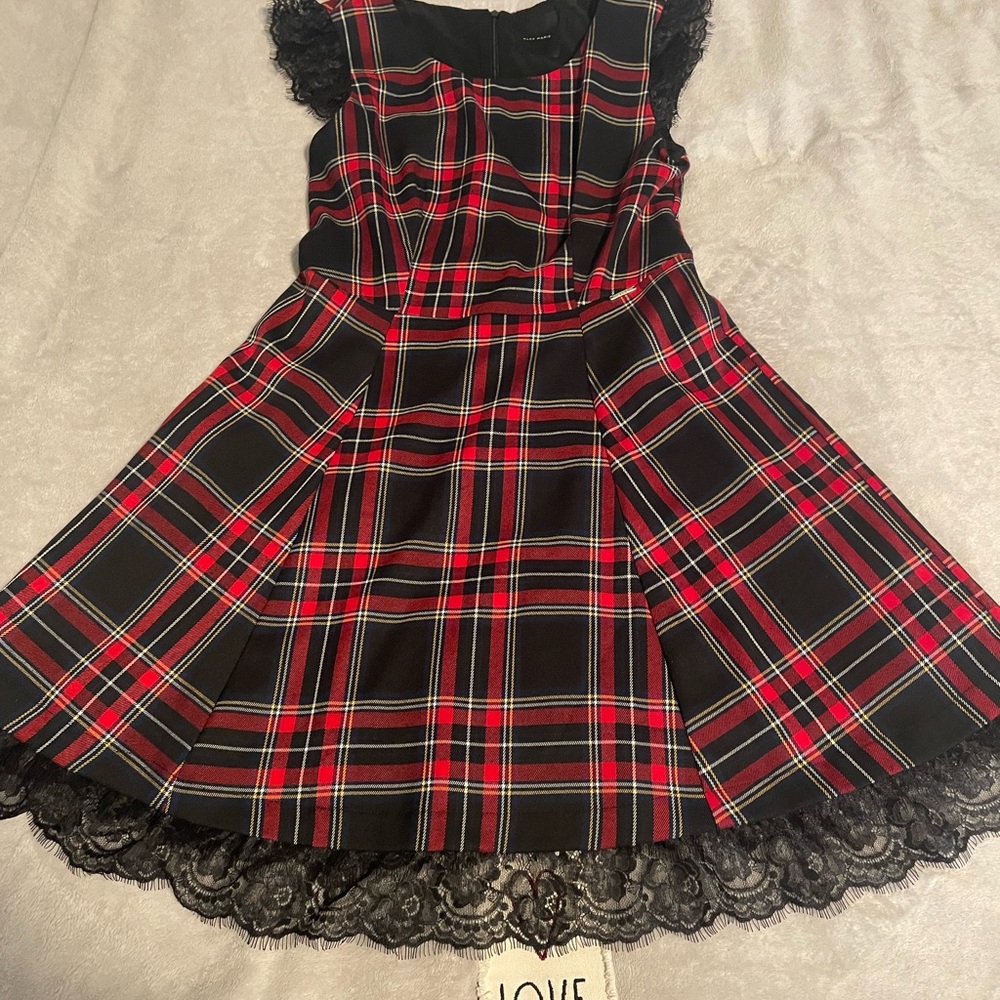 Alex Marie  Red and Black Plaid Skirt with Lace Detail.